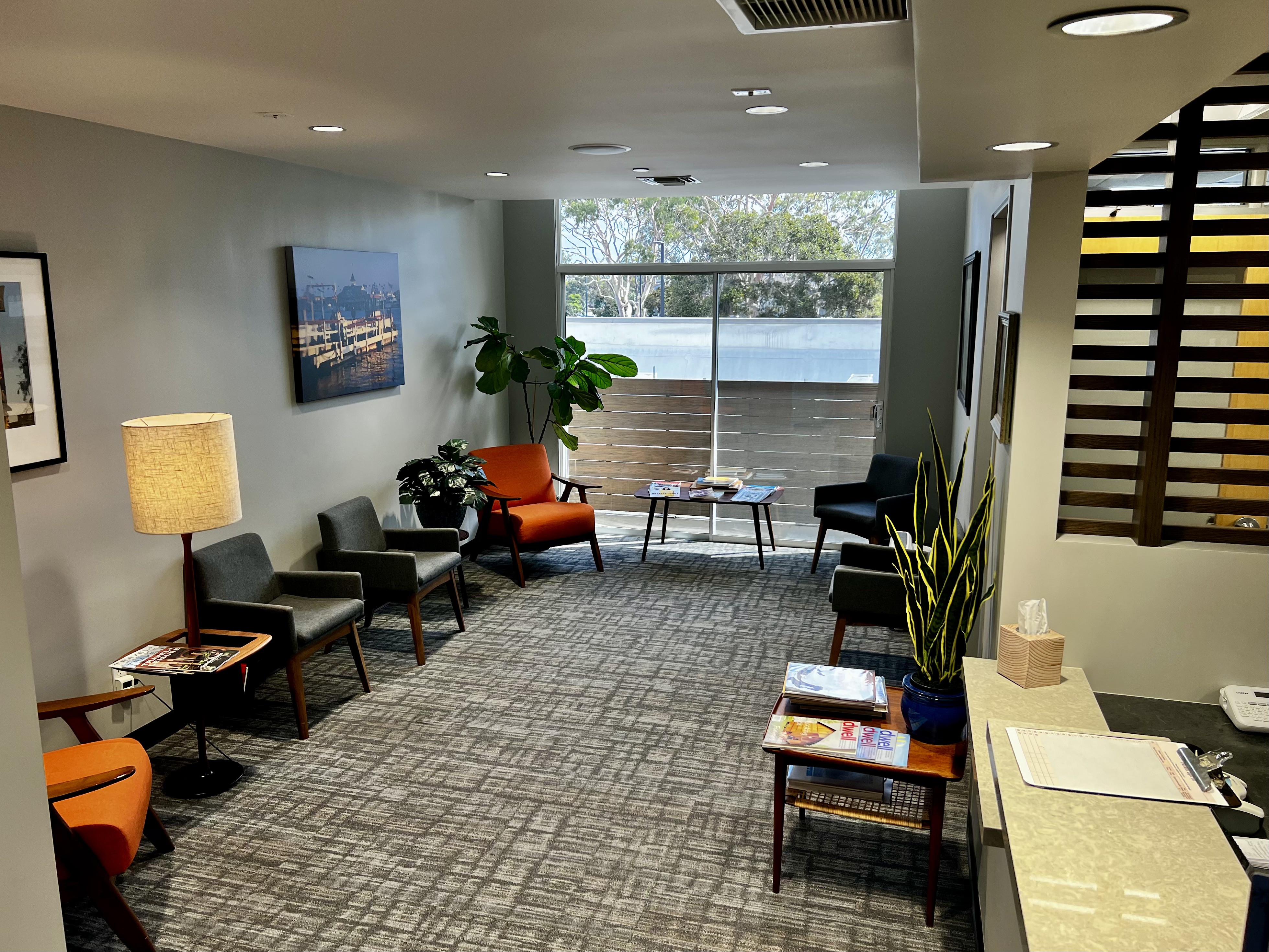 Calm and spacious patient waiting room in Newport Beach
