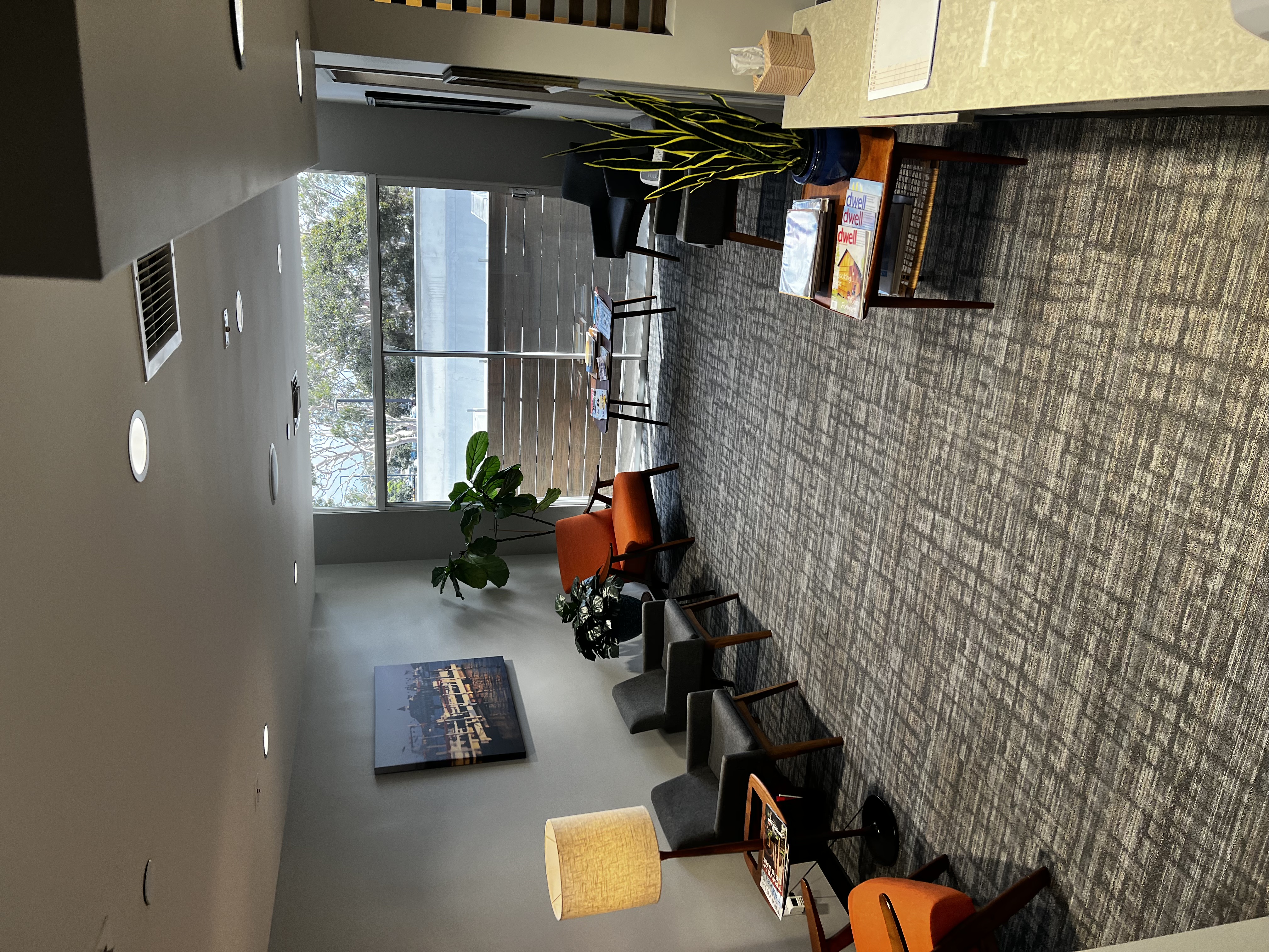 Patient waiting room viewed from the reception desk